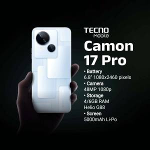 Tecno Camon 17 Pro smartphone in a hand with specifications