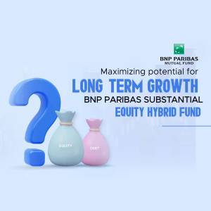 Image depicting long term growth with money bags and a question mark, promoting BNP Paribas Mutual Fund.