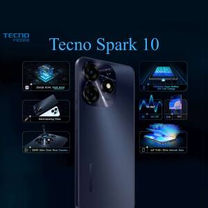 Tecno Spark 10 mobile phone with key features highlighted