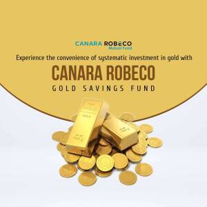 Advertisement for Canara Robeco Gold Savings Fund featuring gold bars and coins.
