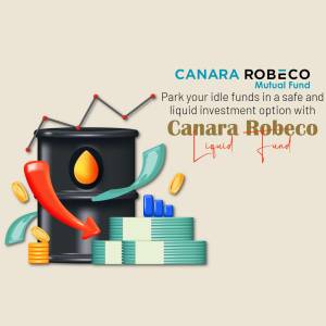 Image promoting Canara Robeco Liquid Fund with oil barrel and financial graphics.
