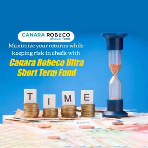 Hourglass with sand and coins representing investment and time with Canara Robeco branding.