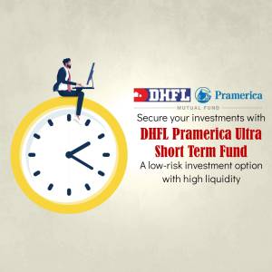 Image promoting DHFL Pramerica Ultra Short Term Fund with a man on a clock.