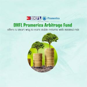 DHFL Pramerica Arbitrage Fund advertisement with stacked coins and growing trees