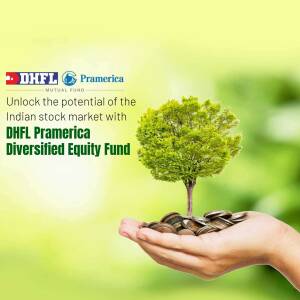 Image depicting financial growth with DHFL Pramerica Fund, showing a tree growing from coins in a hand.