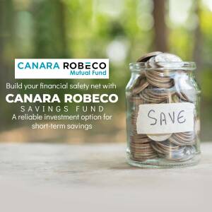 Glass jar filled with coins with Canara Robeco Mutual Fund branding