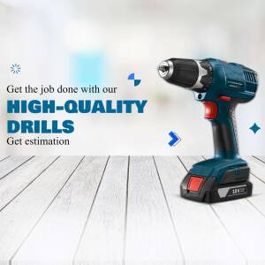 Close-up of a blue and black cordless drill with a battery pack, advertising high-quality drills.
