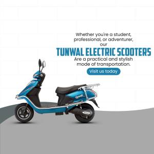 Blue Tunwal Electric Scooter advertisement with text promoting it for students, professionals, and adventurers.