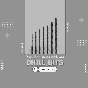 A set of black drill bits of varying sizes arranged in a line with the text 'Precision starts with our DRILL BITS'