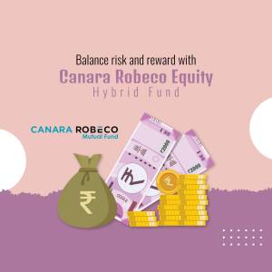 Image promoting Canara Robeco Equity Hybrid Fund with Indian currency and gold coins.