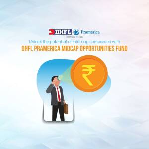 Image promoting DHFL Pramerica Midcap Opportunities Fund with a man looking through a telescope at a rupee symbol.