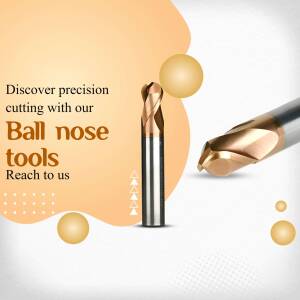 Close-up of a ball nose end mill cutting tool with promotional text.