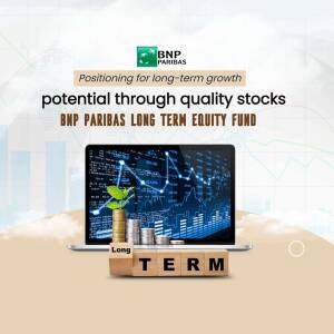 Image depicting investment growth with a laptop, stock charts, and coins, promoting the BNP Paribas Long Term Equity Fund.