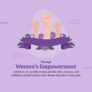 Illustration of raised fists with flowers and a ribbon promoting women's empowerment.