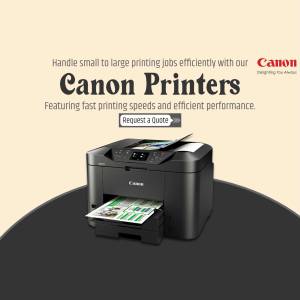 Canon printer on a beige background with text promoting efficient printing.
