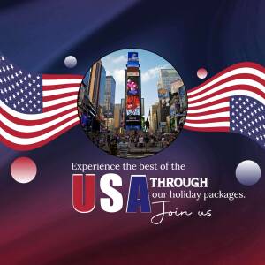 Image of Times Square in New York City with American flags and text promoting USA holiday packages.