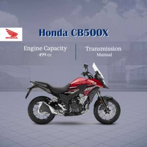 Red and black Honda CB500X motorcycle with specifications displayed