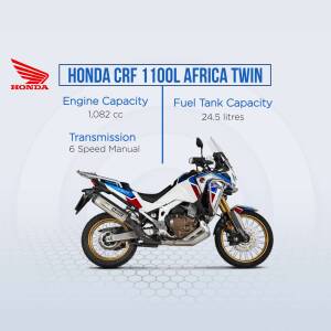 Side view of a Honda CRF 1100L Africa Twin motorcycle with specifications.