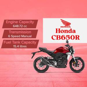 Side view of a red and black Honda CB650R motorcycle with specifications displayed