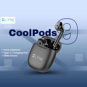 Close-up of Lyne CoolPods wireless earbuds in a promotional image