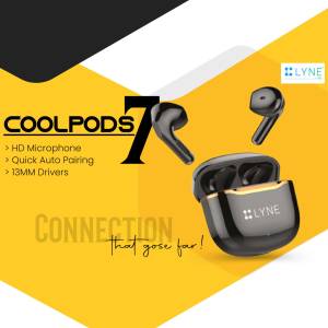 Lyne Coolpods 7 wireless earbuds with charging case on a yellow background