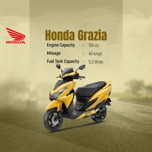 Yellow Honda Grazia scooter with specifications