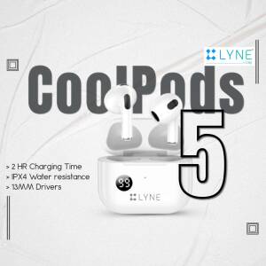 Lyne CoolPods 5 wireless earbuds with charging case, showcasing features like charging time and water resistance.