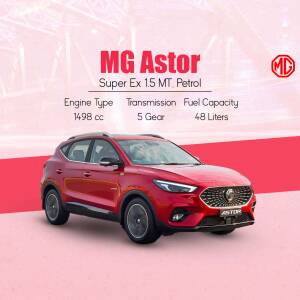 Red MG Astor Super Ex 1.5 MT Petrol car advertisement