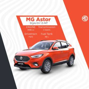 Orange MG Astor EX 1.5 MT car with specifications displayed