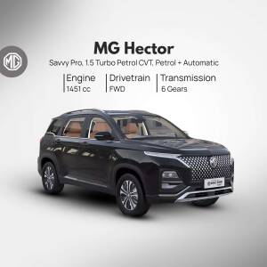 Black MG Hector Savvy Pro SUV with detailed specifications