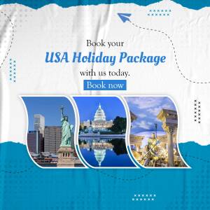 Advertisement for USA holiday packages with images of iconic landmarks.