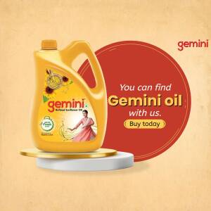 Image of a Gemini Refined Sunflower Oil bottle on a pedestal with a red background.