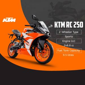 Orange and white KTM RC 250 sports bike with specifications