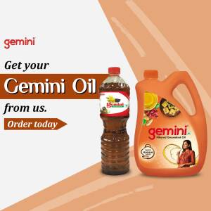 Image of Gemini Filtered Groundnut Oil bottles with promotional text.
