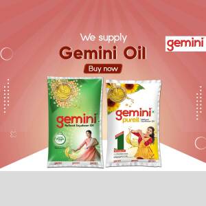 Gemini Refined Soyabean Oil and Gemini Pure Oil pouches displayed in an advertisement.