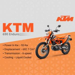 Orange KTM 690 Enduro motorcycle with specifications