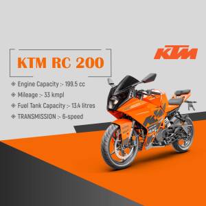 Orange and black KTM RC 200 motorcycle with specifications