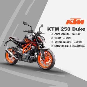 Side view of a black and orange KTM 250 Duke motorcycle with specifications.