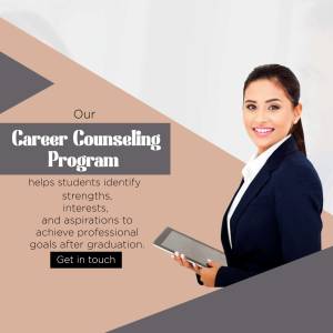 Woman holding a tablet with career counseling program text