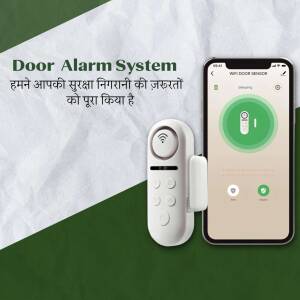 Door alarm system with a smartphone displaying the app interface