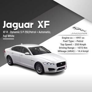 White Jaguar XF car advertisement with specifications