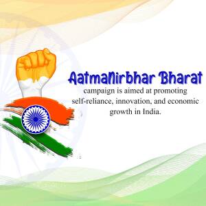 Image depicting the Aatmanirbhar Bharat campaign with a raised fist and Indian flag colors.