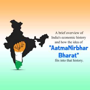 Image depicting India's map with a raised fist in the colors of the Indian flag, alongside text about Aatmanirbhar Bharat.