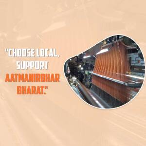 Image of a weaving loom with text promoting local products and the Aatmanirbhar Bharat initiative.