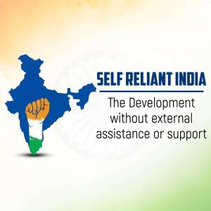 Image depicting the map of India with a fist holding a lightbulb in the colors of the Indian flag, promoting self-reliance.