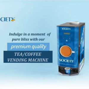 Society branded tea and coffee vending machine with a cup of coffee