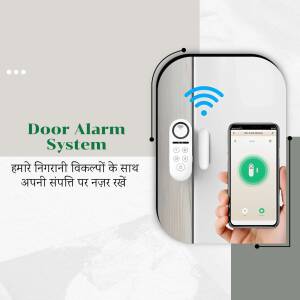 Image of a smart door alarm system with a smartphone displaying the control app.