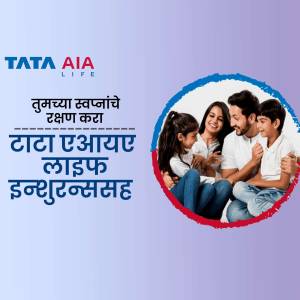 Image of a happy family with Tata AIA Life Insurance branding and text in Marathi.