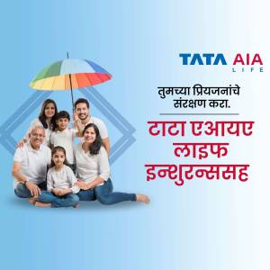 A happy family under an umbrella with the Tata AIA Life Insurance logo.