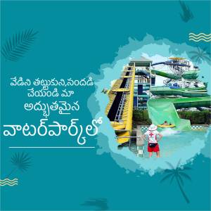 A vibrant promotional image for a water park featuring a yellow water slide and people enjoying the rides.